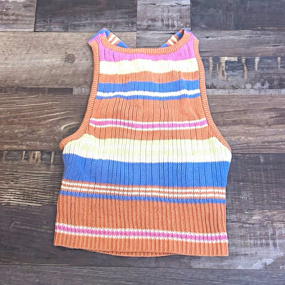Roxy Striped Knit Cotton Tank Top Wide Strap Crossback Pullover Women XS